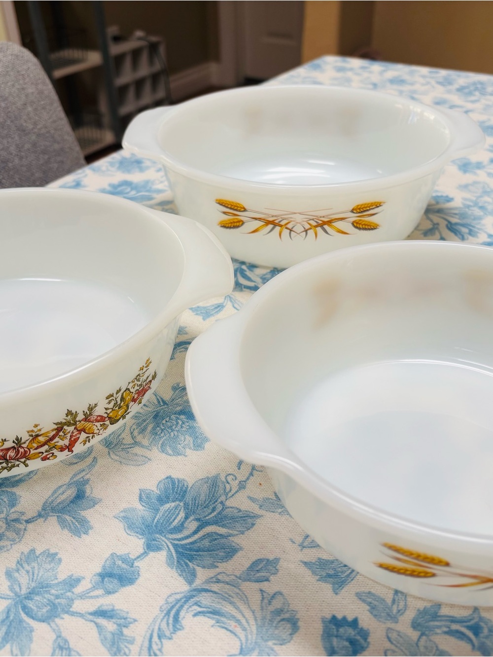 Fire King White Glass Mixing Bowls with Golden Wheat & Floral Accents